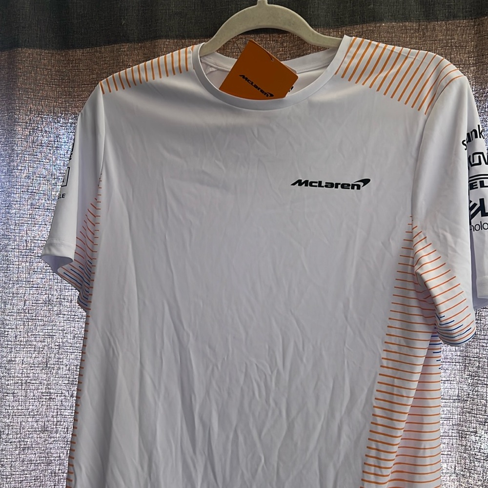 McLaren Women's White Short Sleeve Performance Tee with Papaya Stripes